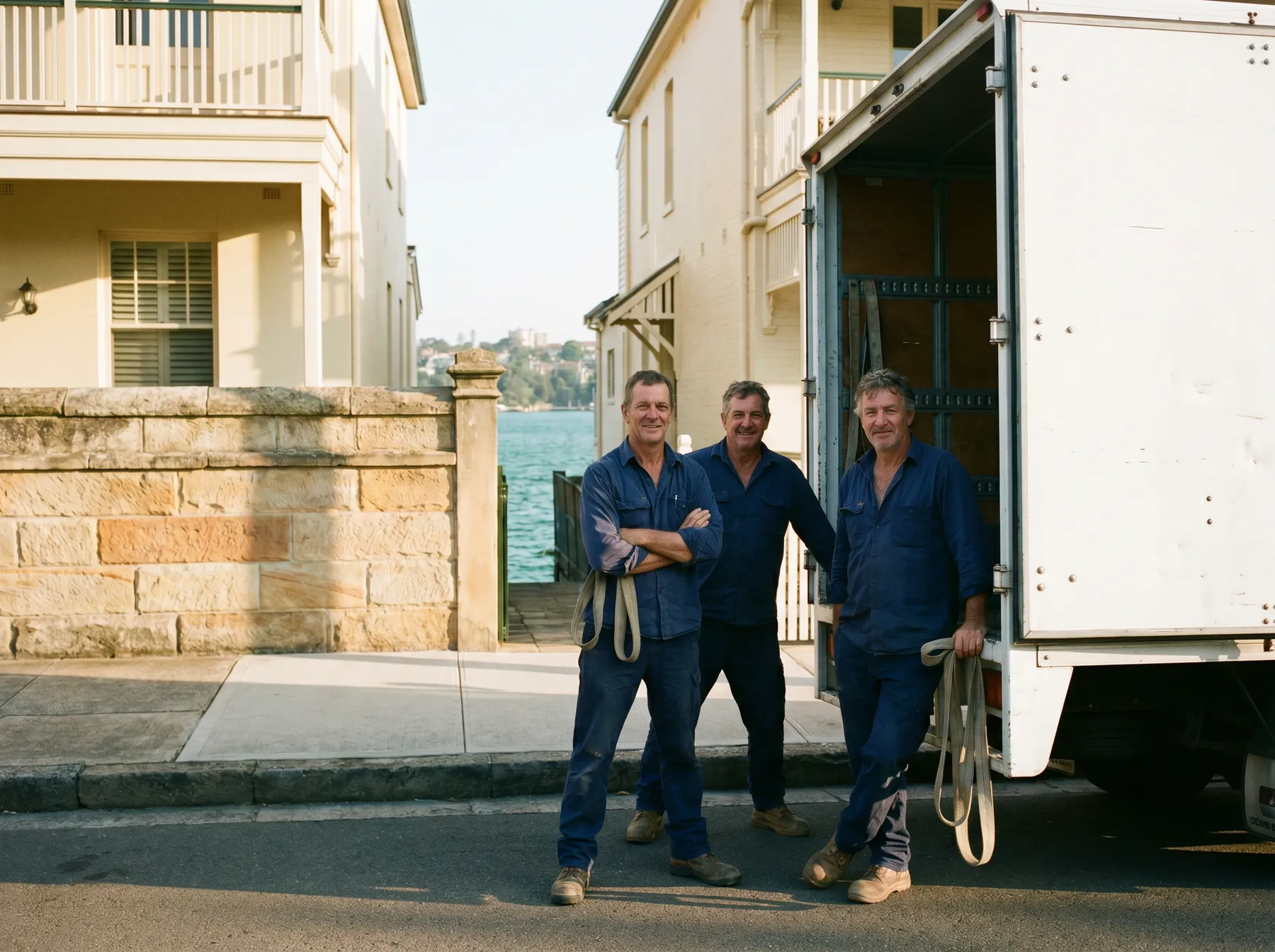 Three removalists standing at the open tailgate of a truck on a quiet Vaucluse street