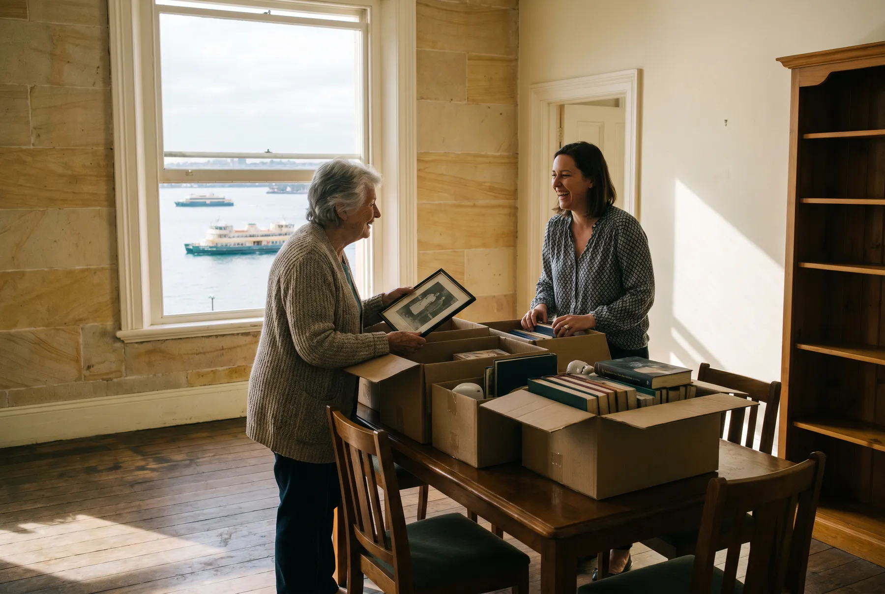 A mother and daughter sorting belongings into cartons in a sunlit room with harbour ferries out the window