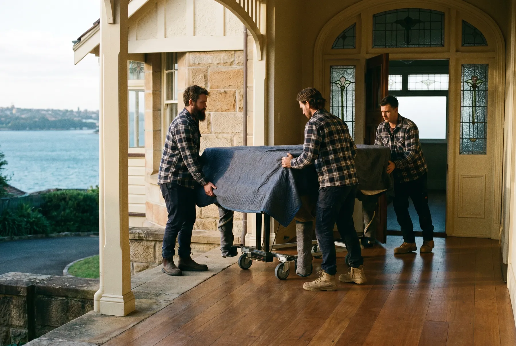 Three movers taking a blanket-wrapped grand piano through the front doorway of a heritage home