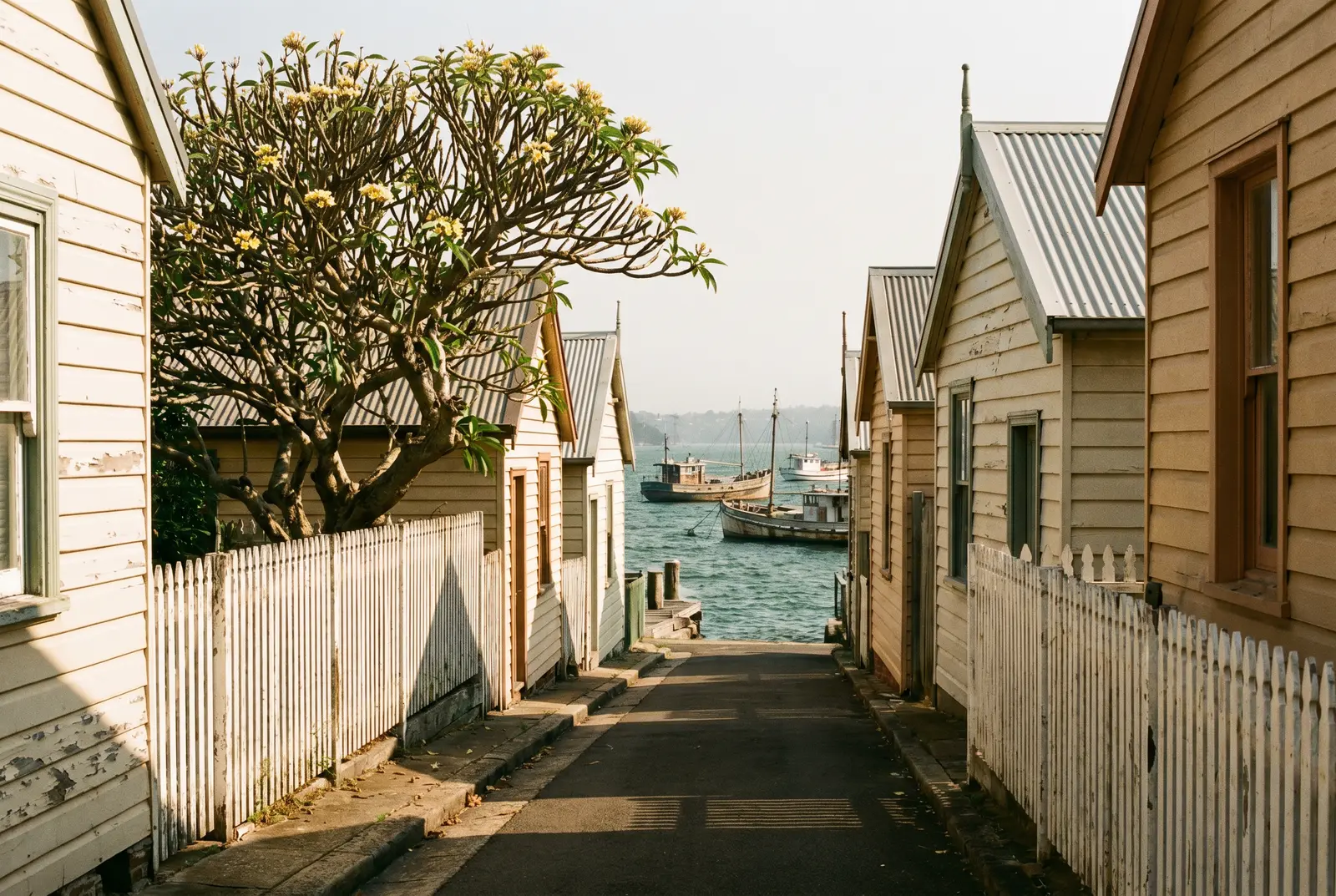 A narrow cottage lane in Watsons Bay running down to the harbour